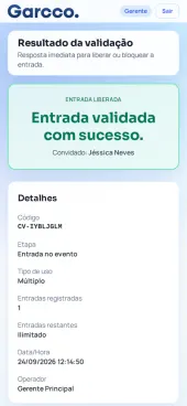 Celular na entrada do evento mostrando a entrada validada com sucesso
