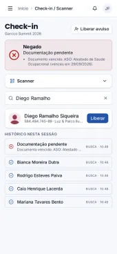Celular na portaria mostrando a entrada negada porque o atestado de saúde ocupacional da pessoa venceu