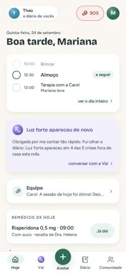 Tela inicial do Elo com a rotina do dia, um aviso da Val e o remédio de hoje