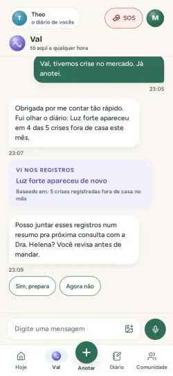 Conversa com a Val, que relaciona uma crise a um padrão do diário