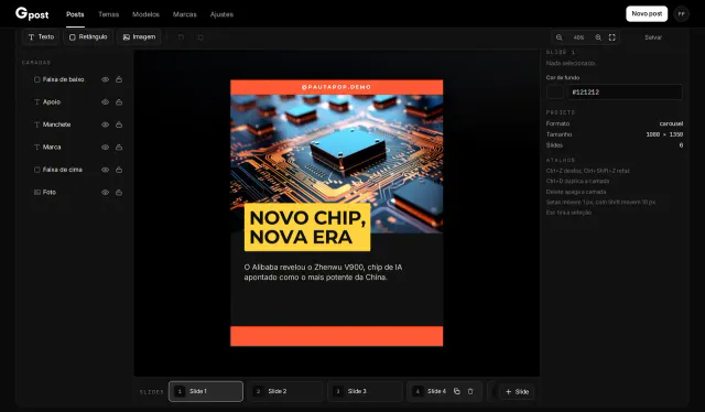 Editor do Gpost com um carrossel pronto e a lista de camadas e slides